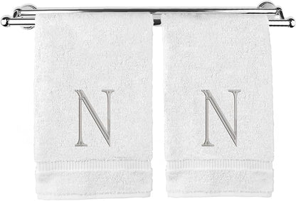 Monogrammed Hand Towel, Personalized Initial Gift, Extra Absorbent 100% Turkish Cotton - Soft Terry Finish - Set of 2 - Silver Block Initial N - Embroidered on White Towels
