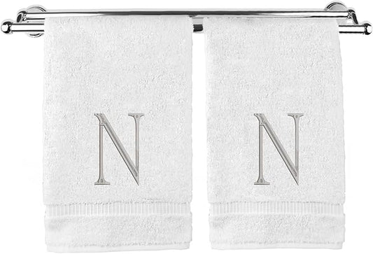 Monogrammed Hand Towel, Personalized Initial Gift, Extra Absorbent 100% Turkish Cotton - Soft Terry Finish - Set of 2 - Silver Block Initial N - Embroidered on White Towels