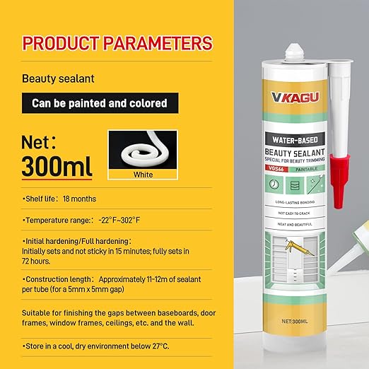 VGS66 Beauty Silicone Sealant for Trim & Baseboards - Flexible Interior Gap Filler for Crown Molding, Door Frames & Woodwork - Easy Water Clean-Up, Paint-Ready in 30 Mins, White