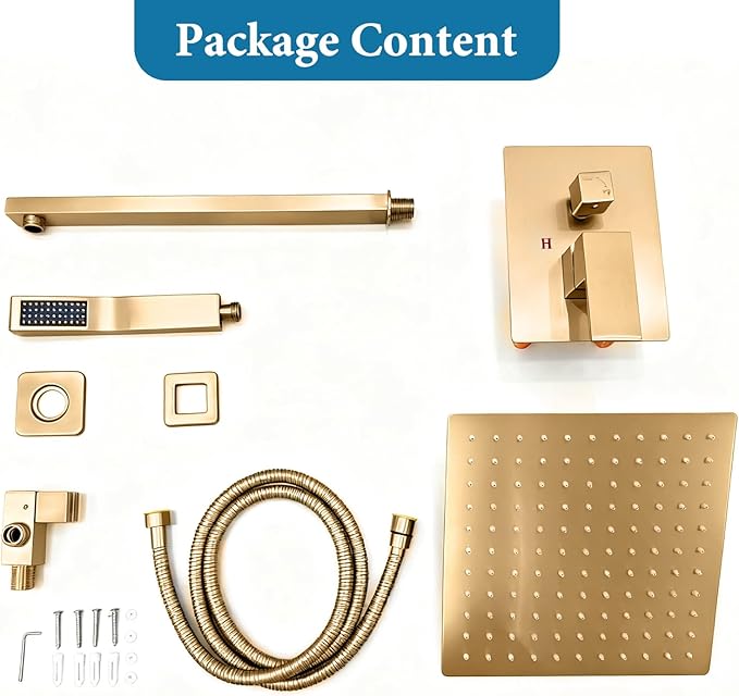 Brushed Gold Square Shower Head with Handheld Set, Rainfall Shower System Modern Wall Mounted Shower Faucet for Bathroom 12 inch (With Shower Valve)