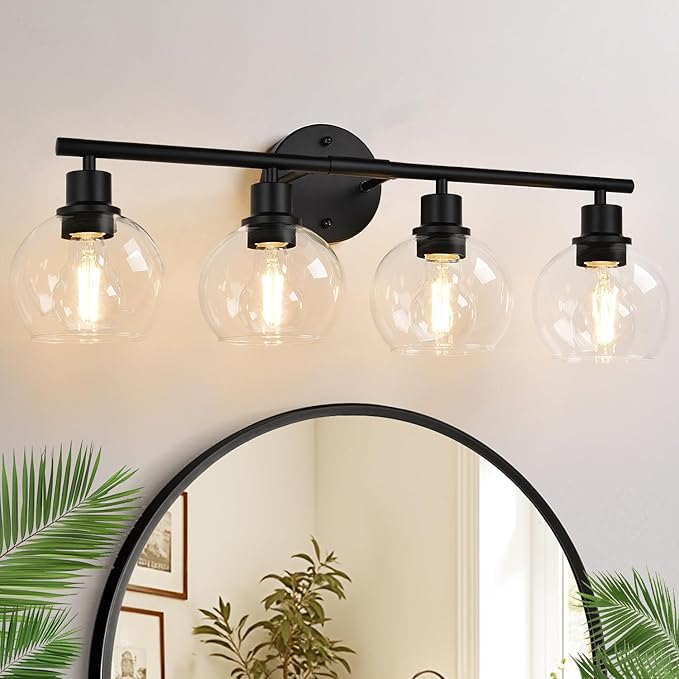 2025 Upgrade 4-Light Bathroom Light Fixtures, Black Bathroom Lights Over Mirror with Clear Glass Globe Shade, Vanity Lights for Bathroom Kitchen Living Room Hallway Cabinet Bedroom Porch
