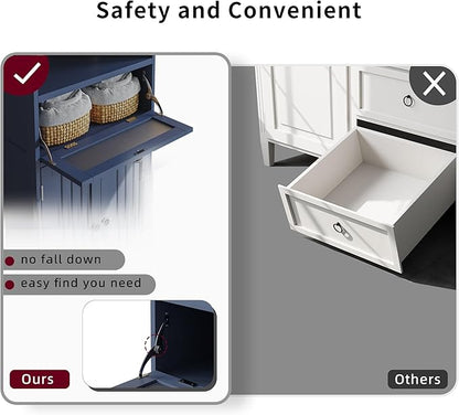 ChooChoo Bathroom Floor Storage Cabinet with Flip Glass Drawer, Freestanding with 2 Doors, Adjustable Shelf & 1 Open Storage for Living Room, Hallway, Navy Blue