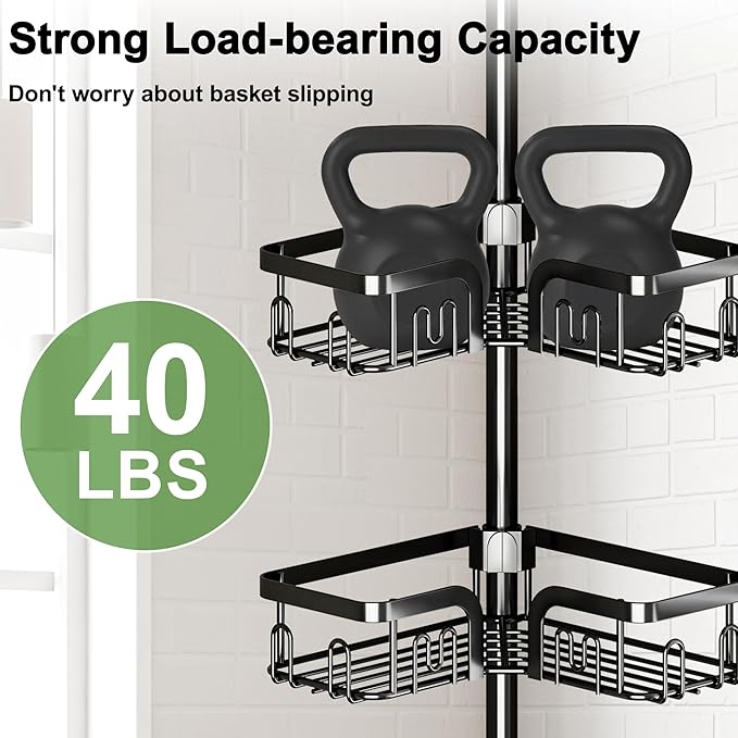 Corner Shower Caddy Tension Pole, 4-Tier Rustproof Bathroom Organizer Storage for Inside Shower Bathtub Shampoo,39 to 113 Inch Adjustable Floor Standing Shelves Black