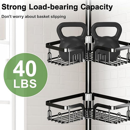 Corner Shower Caddy Tension Pole, 4-Tier Rustproof Bathroom Organizer Storage for Inside Shower Bathtub Shampoo,39 to 113 Inch Adjustable Floor Standing Shelves Black