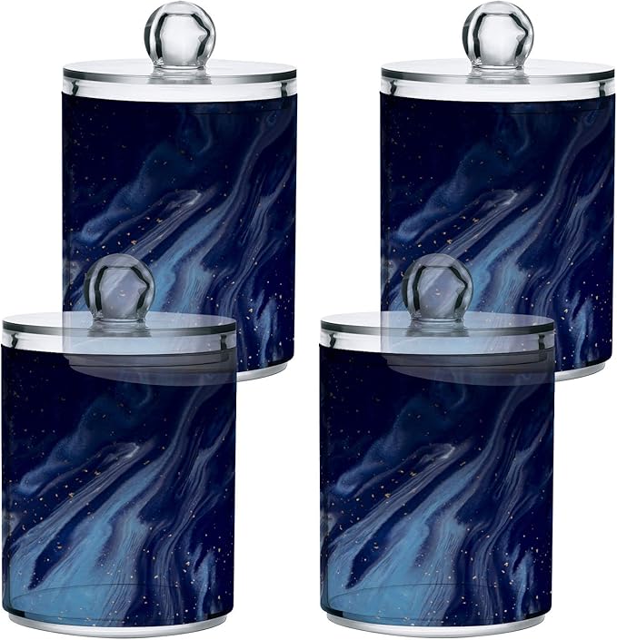 MNSRUU 2 Pack Qtip Holder Organizer Dispenser Beautiful Navy Blue Marble Bathroom Storage Canister Cotton Ball Holder Bathroom Containers for Cotton Swabs/Pads/Floss