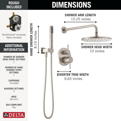 Delta Modern 14 Series Round Rain Shower System Faucet Set, Rainfall Brushed Nickel Shower Head and Handle Set, Valve Trim Kit, 10 Inch, Spotshield Stainless 342702-SP