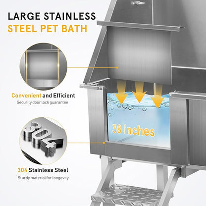 38'' Large Dog Bathtub Stainless Steel, Dog Washing Station, Pet Bathing Station Grooming Bath Tub with Left Ramp & Removable Door & Showerhead & Faucet & Soap Holder for Home Pet Grooming Salon