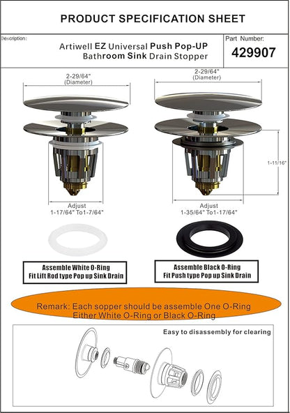 Artiwell Universal Bathroom Sink Drain Stopper, Fits Most Pop-Up Drains for Vessel Sink Lavatory Vanity, Sink Drain Strainer with Detachable Hair Catcher, Tested by Plumber in US (MATT Black)