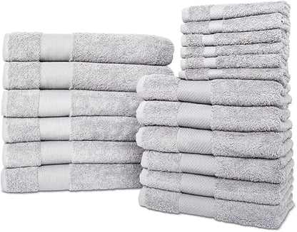 Hencely 18-Piece Bath Towel Set - High Absorbency, Quick Drying - 100% Soft Turkish Cotton - 6 Bath Towels, 6 Hand Towels, 6 Washcloths - Bathroom, Home, Hotel, Spa, and Gym - 18-Pack Silver