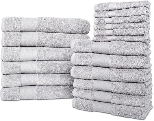 Hencely 18-Piece Bath Towel Set - High Absorbency, Quick Drying - 100% Soft Turkish Cotton - 6 Bath Towels, 6 Hand Towels, 6 Washcloths - Bathroom, Home, Hotel, Spa, and Gym - 18-Pack Silver
