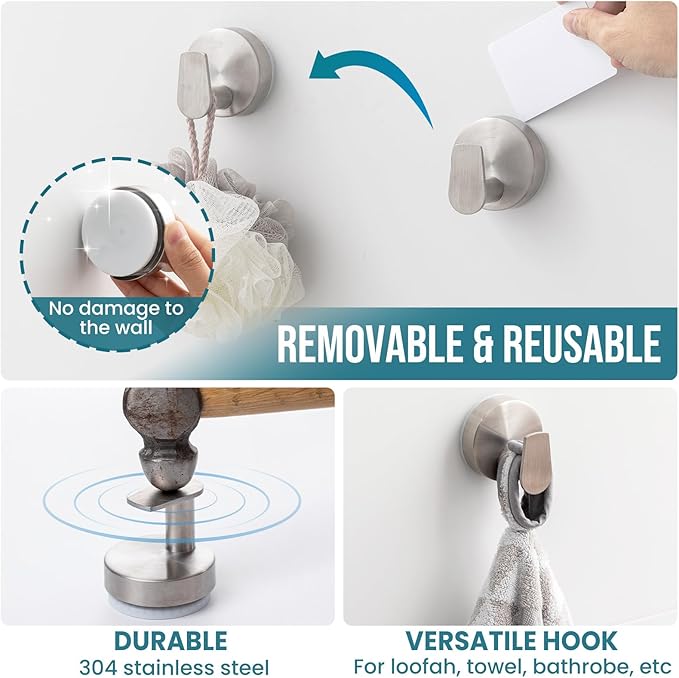 TAILI Stylish 304 Stainless Steel Bathroom Suction Hooks for Towel, Bathrobe, Loofah, No Damage Hanging Glass Shower Wall Hook, Patented Strong Suction Cup Holder, Hold Up to 11 Lbs, A-Cylinder Silver