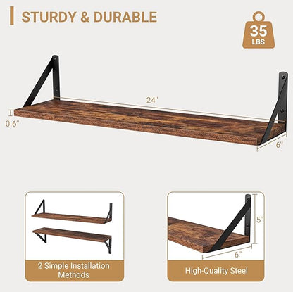 Heimlove Floating Shelves for Wall, 24 Inch Long Wood Floating Shelves Set of 3, Wall Mounted Hanging Shelf for Bathroom Bedroom Kitchen, Rustic Brown
