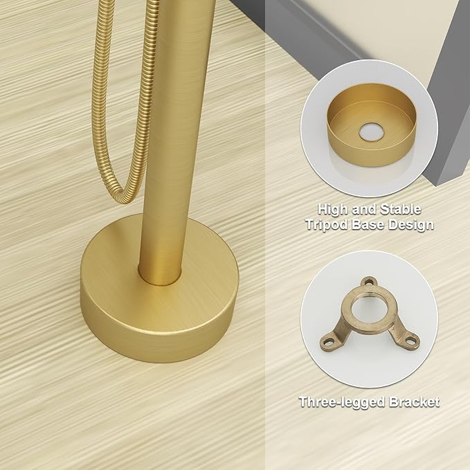 BESy Freestanding Bathtub Faucet Tub Filler Free Standing Floor Mount Stand Brass Bathroom Tub Faucets Sets with 2 Function Hand Sprayer Shower Wand Swivel Spout, Brushed Gold Finish