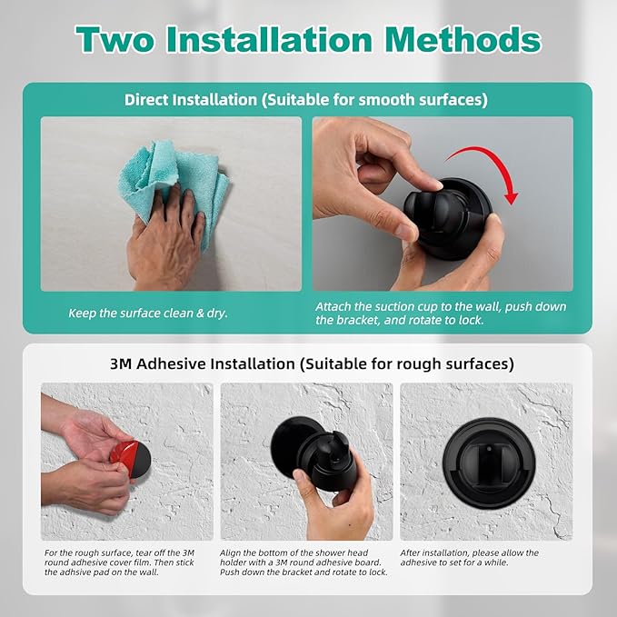 Hibbent 2 Pack Vacuum Suction Cup Shower Head Holder, Removable Shower Head Bracket, Height Adjustable Wall Mount ABS Plastic Suction Holder for Handheld Showerhead, Matte Black