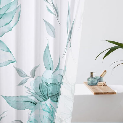 Extra Long Boho Watercolor Floral Shower Curtain 72 x 84, Teal Blue and Grey Ink Painting Style Flower Shower Curtains for Chic Elegant Bathroom, Artistic XL Fabric Cloth Shower Curtain
