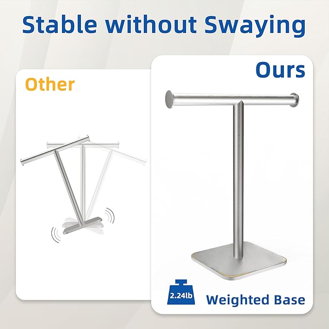 RUACQ T-Shape Hand Towel Holder Stand, Weighted Base Towel Rack, Countertop Towel Holder for Bathroom, 304 Stainless Steel, Heavy Duty (Brushed Nickel)