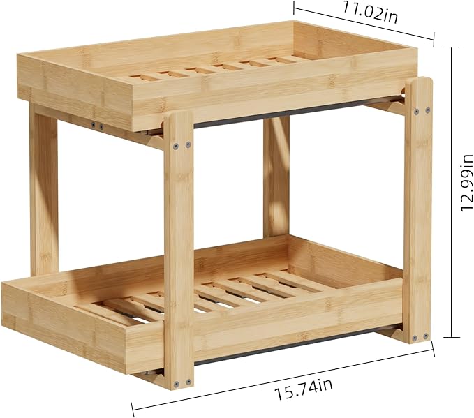 2 Pack Under Sink Organizer, Bamboo Wooden 2-Tier Pull-Out Storage with Sliding Drawers for Kitchen and Bathroom Cabinets, Easy Installation (Natural, 1 pack)