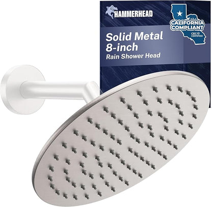 HammerHead Showers Solid Metal Round 8 Inch Rainfall Shower Head, High Flow Shower Head Optimized for Pressure, Brushed Nickel, 1.75 GPM