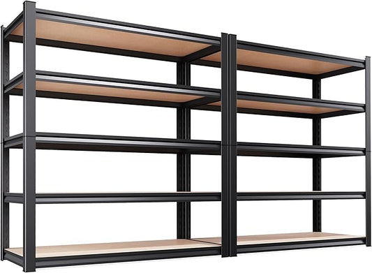 Set of 2 Storage Shelves, 45.6" W Heavy Duty Garage Shelving, 2500LBS Metal Shelf, Adjustable 5-Tier Shelving Unit, for Pantry, Kitchen, Basement, Warehouse, 17.7" Dx45.6 Wx71.2 H, Black