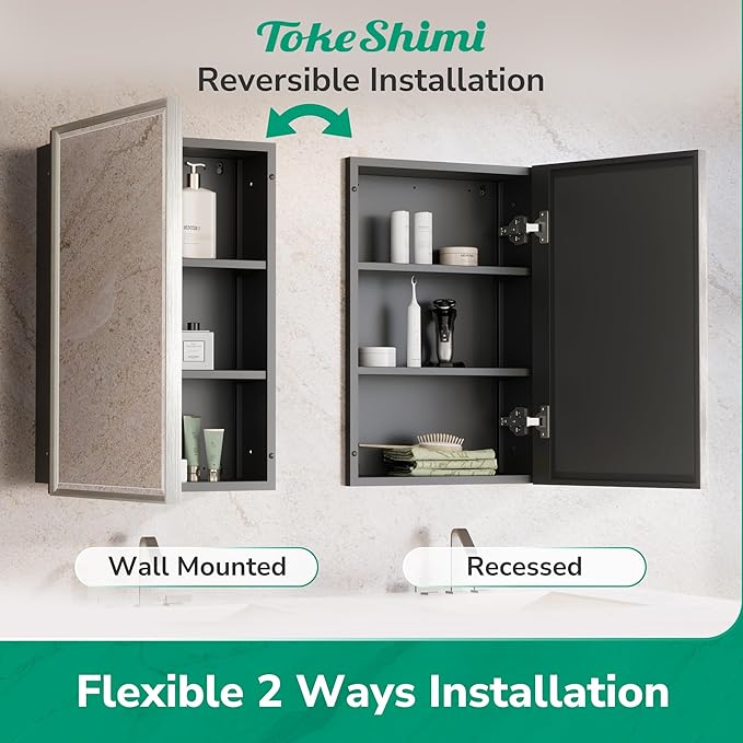 TokeShimi 16x24 Beveled Mirrored Medicine Cabinet Wall Mounted or Recessed Medicine Cabinet with Mirror for Bathroom Brushed Nickel, Aluminum Framed Metal Mirror with Storage Adjustable