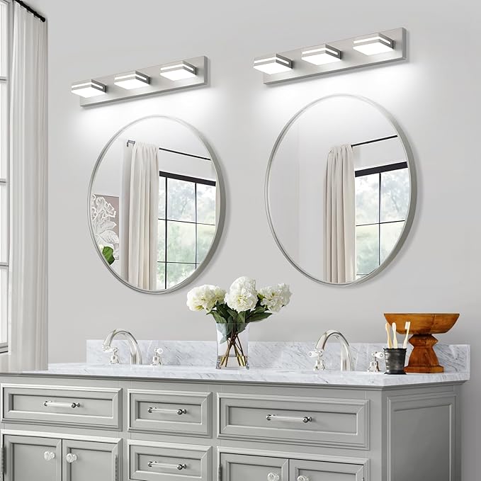 SineRise LED Modern Bathroom Vanity Light Fixtures (3-Light, 24-Inch, Dimmable), Brushed Nickel Modern Acrylic Bathroom Wall Lighting Fixtures Over Mirror (Cool White 6000K)