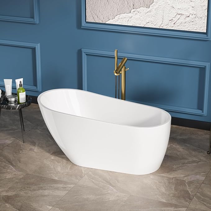 Sarlai 59 Inch Acrylic Freestanding Soaking Bathtub Contemporary Soaking White Tub Stand Alone Ergonomic Bathtub with Chrome Drain and Overflow