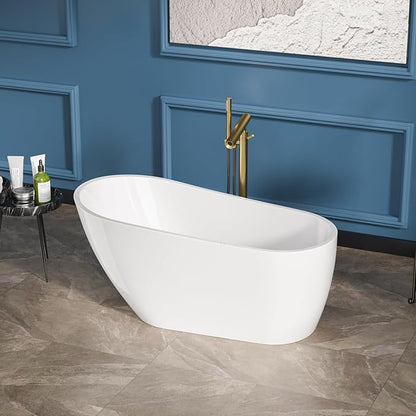 Sarlai 59 Inch Acrylic Freestanding Soaking Bathtub Contemporary Soaking White Tub Stand Alone Ergonomic Bathtub with Chrome Drain and Overflow