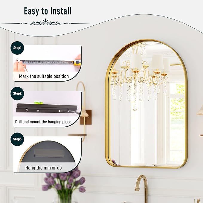 GLSLAND 26”x38“ Gold Arched Bathroom Mirror - Aluminum Alloy Framed Mirrors for Wall- Arch Wall Mirror, Brush Gold Bathroom Mirror for Bedroom