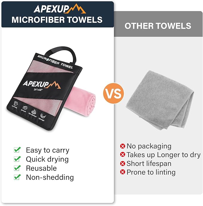 APEXUP Microfiber Travel Towel, Ultra Absorbent Quick Dry Towels, Lightweight Gym Sports Camping Towel for Workout, Yoga, Beach, Shower, Swimming (Combo, Pale Rose)