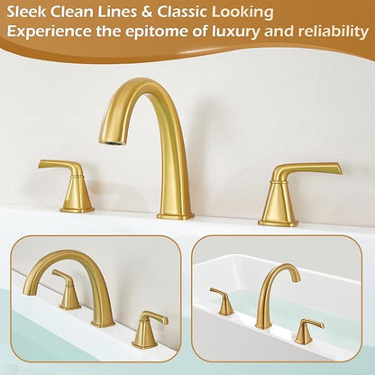 Brass Bathtub Faucet Roman Tub Faucet Gooseneck Tub Filler, Brushed Gold Garden Tub Faucet Deck Mount 3 Hole High Flow Bathtub Faucet Set, with Valve & Hose, 12-20in Widespread