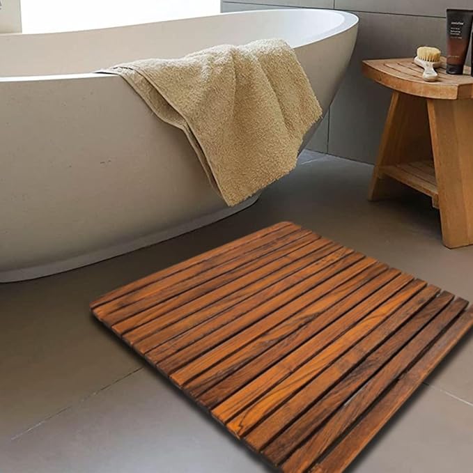 Nordic Style Premium Teak Shower and Bath Mat for Indoor and Outdoor Use - Non-Slip Wooden Platform for Spa, Sauna, Pool, Hot Tub - Flooring Decor and Protector (24" x 24", Oiled Finish)