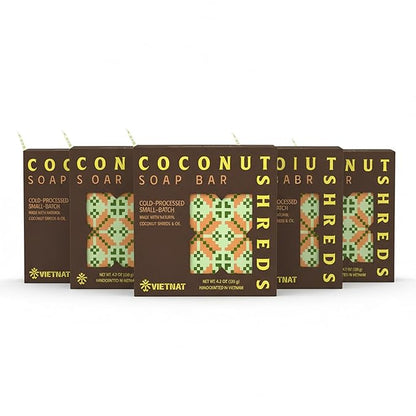 Coconut Shreds Soap Bar (Pack of 5) – Exfoliating & Moisturizing 2-in-1 Body Soap, Cold Process Handmade Bar with Coconut Milk & Oil, Gentle Daily Cleanser