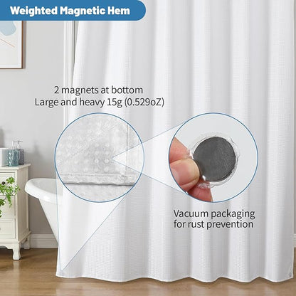 2-in-1 Waterproof Fabric Shower Curtain - No Separate Liner Needed, Hotel-Style Waffle Weave, Effortless Cleaning & Washable Bathroom Shower Curtain Set,72Wx84H,White