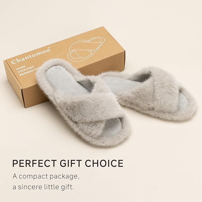 Chantomoo Womens Slippers Memory Foam Fuzzy Cross Band Faux Fur Slippers for Women Gift
