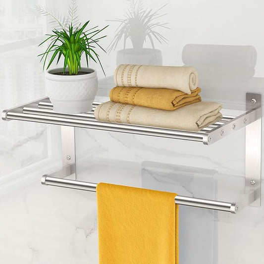 Towel Rack with Shelf 16", Metal Towel Racks for Bathroom Wall Mounted, Bathroom Shelf with Towel Bar Rustproof Bath Towel Holder Towel Rod Lavatory Bath Accessories - Brushed Nickel