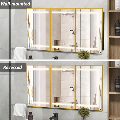 APRILSOUL 60X32 Inch Gold Bathroom Medicine Cabinet with Mirror, Recessed or Surface Lighted Medicine Cabinet with 3 Colors Temperature, Dimmable Light