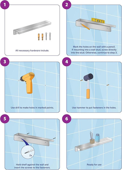 SereneDrains Stainless Steel Polished Chrome Shower Shelf for Inside Shower Drill in Wall Mount Small Bathroom Shelf Decor Organizer Rack Caddy Floating (Polished Stainless Steel, 16 Inch)