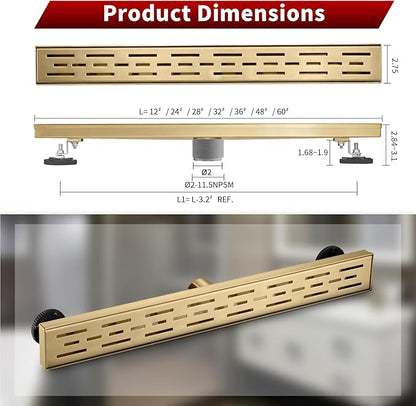 Sharp-tec Linear Shower Drain, 32 inch Shower Drain with Removable Pattern Cover, Brushed Gold 304 Stainless Steel Rectangle Floor Drain, Adjustable Feet and Hair Strainer Included (Model 101)