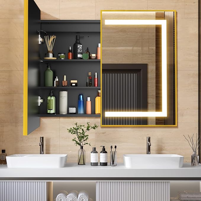 APRILSOUL 40X32 Inch Gold Bathroom Medicine Cabinet with Mirror, Recessed or Surface Lighted Medicine Cabinet with 3 Colors Temperature, Dimmable Light