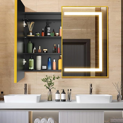 APRILSOUL 40X32 Inch Gold Bathroom Medicine Cabinet with Mirror, Recessed or Surface Lighted Medicine Cabinet with 3 Colors Temperature, Dimmable Light