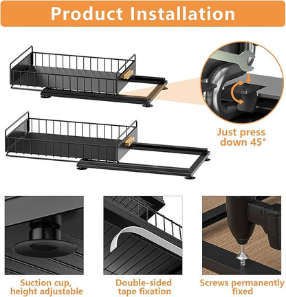 Under Sink Organizer, 2 Packs Under Sink Organizers and Storage, Slide Out Pull Out Cabinet Organizer Shelf with Metal Drawers for Kitchen Bathroom Pantry, Black