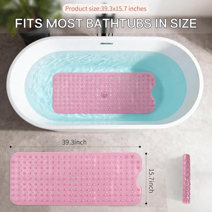 Anti-Slip Bathtub Shower mat, 39.3×15.7 inch（Approximately 100 × 40cm） Soft Oversized Machine Washable Non-Slip Bathtub mat with Drainage Holes, Bathroom Floor Suction Cup.（1-Clear Pink）