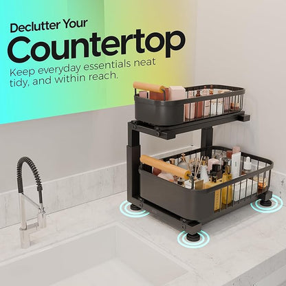 Premium Heavy Duty Carbon Steel Under Sink Organizer, 2 Tier Pull Out Cabinet Organizer, 7 Adjustable Heights with Smooth Ball Bearing Sliding Baskets for Bathroom & Kitchen