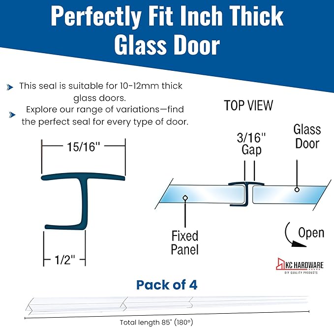 CBW Frameless Shower Door Side Seal Strip H-Type 180 Degree 85'' Length, Clear (4, 1/2'' Glass)