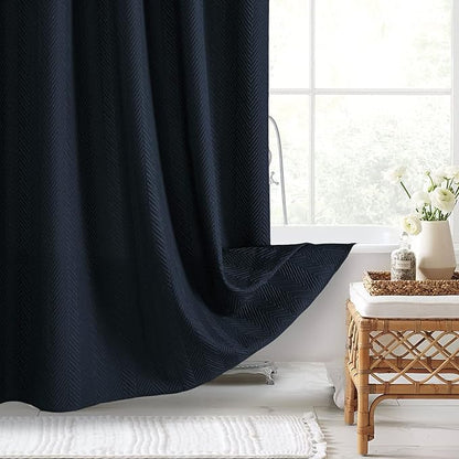 Gibelle Navy Blue Shower Curtain, 3D Embossed Textured Herringbone Fabric Shower Curtain, Modern Farmhouse Bathroom Decor Soft Cloth Shower Curtain Set with Hooks, 72x72