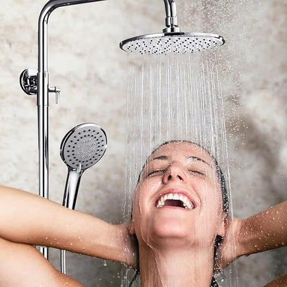 Outdoor Shower Faucet Set 8" Round Shower Head 3 Function Thermostatic Rainfall Shower Faucet Set Handheld Sprayer with Constant Temperature Polished Chrome with Height Adjustable Slide Bar