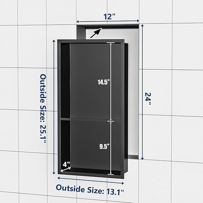 Neodrain No Tile Shower Niche, Stainless Steel Wall Cabinet 25.1"X13.1"(Inner Size 24"X12"), Two-Tier Bathroom Shelf, NO Tile Needed Recessed Niche Shower for Bathroom Storage, Matte Black