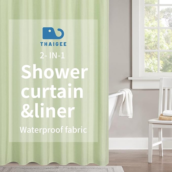 2-in-1 Waterproof Extra Long Fabric Shower Curtain or Liner,Linen Textured,84 Inch Breathable TPU & Washable Bathroom Shower Curtain Set with 12 Plastic Hooks,Modern,72"x84",Green