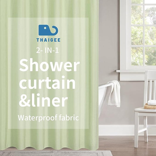 2-in-1 Waterproof Fabric Shower Curtain or Liner,Linen Textured,Breathable TPU & Washable Bathroom Shower Curtain Set with 12 Plastic Hooks,Modern,72"x72",Green
