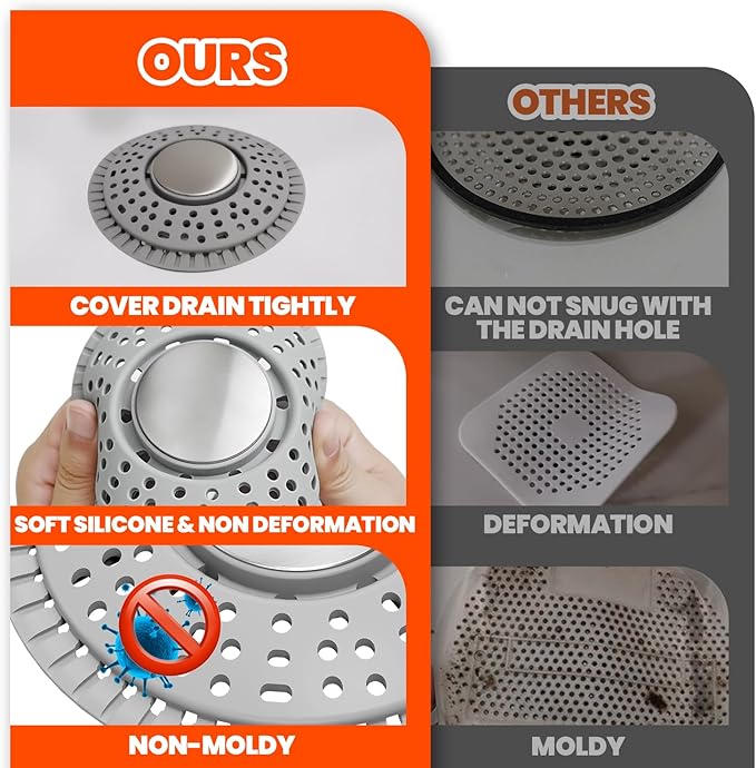 Shower Drain Hair Catcher, Upgraded 2Pack Premium Silicone Drain Protector & Shower Drain Cover for Regular Floor Drains of Shower Room, Bathroom, 304 Stainless Steel, Gray